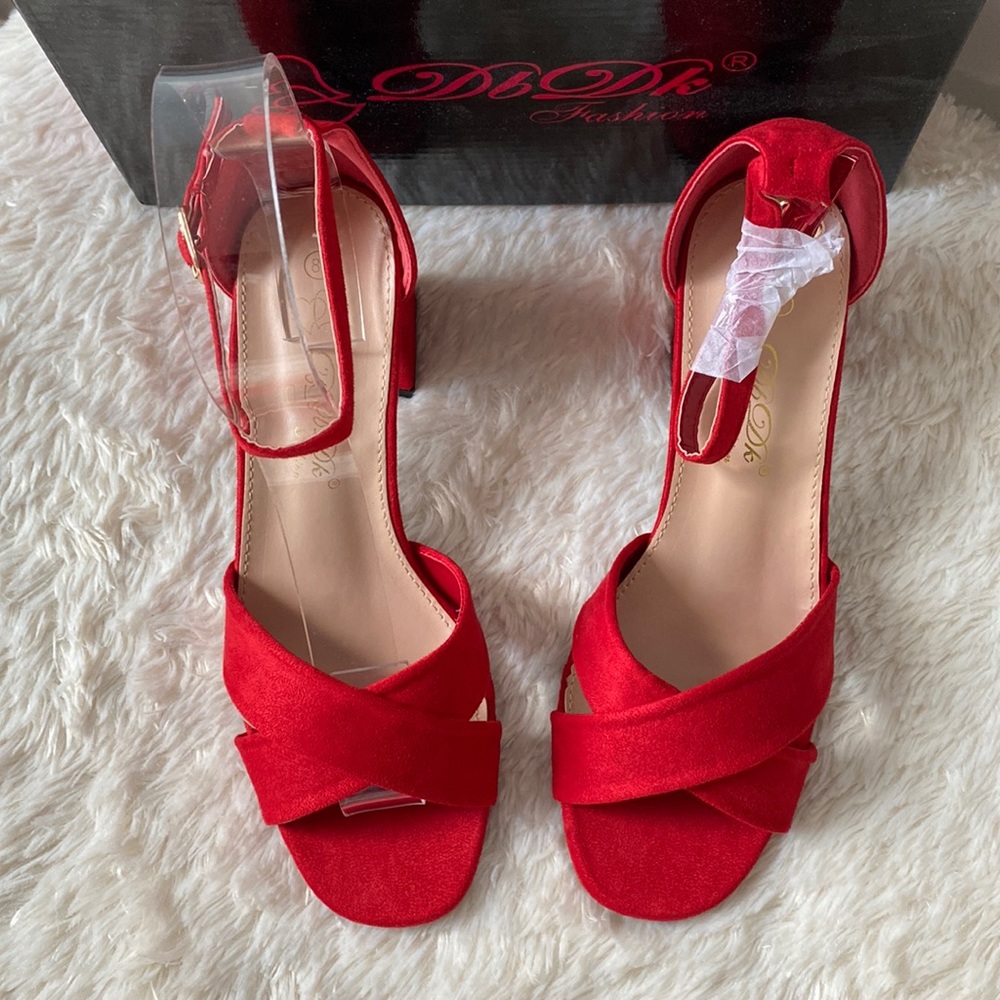 Red Suede Block Heel Sandals